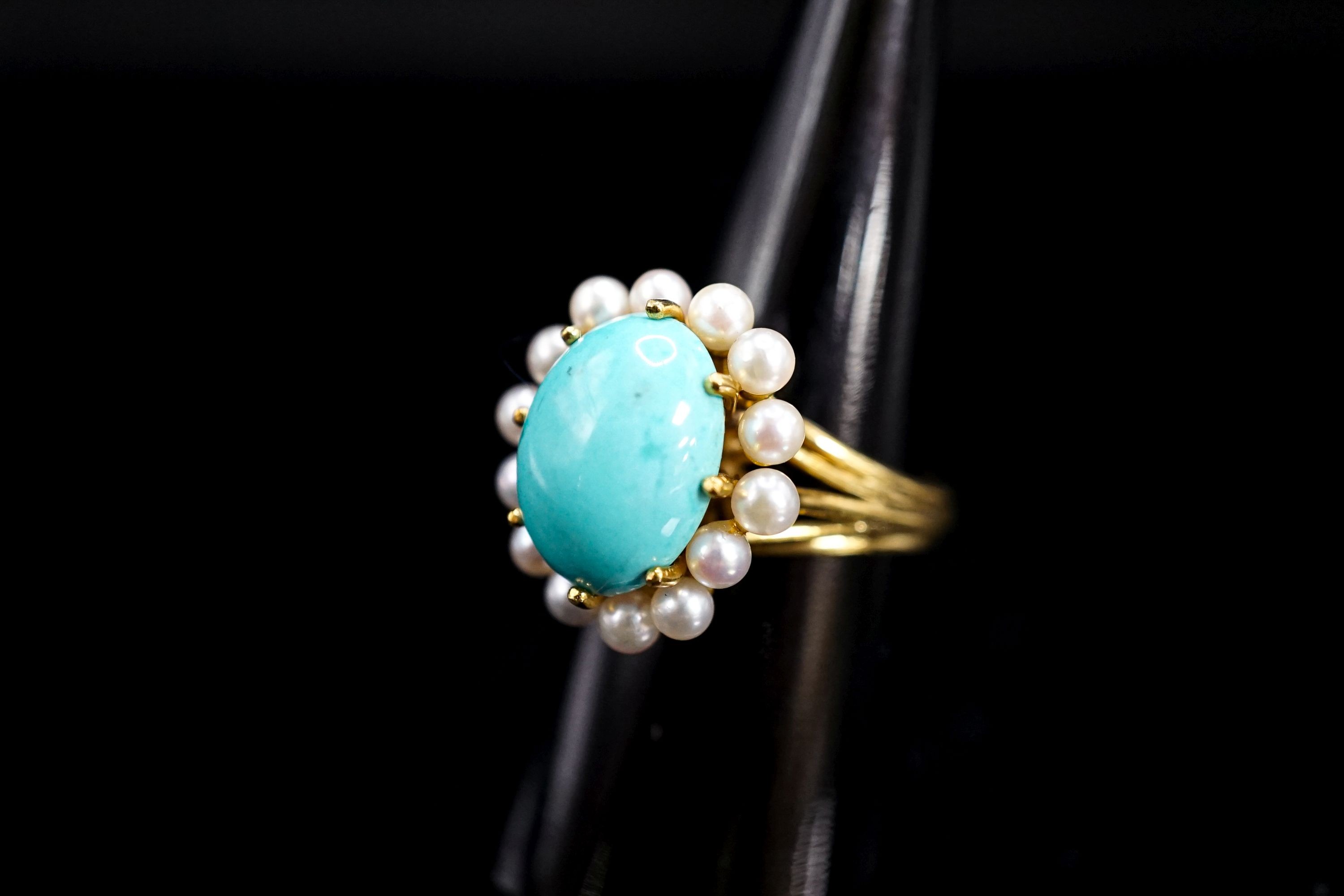 An 18ct, turquoise and cultured pearl set cluster ring, size N, gross 9 grams.
